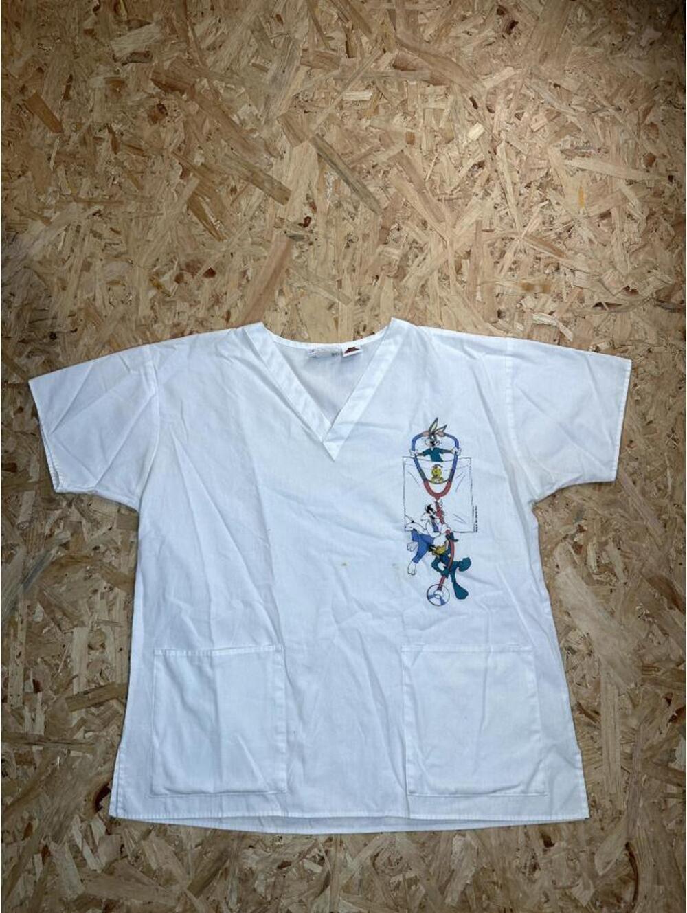 Vintage Looney Tunes Scrub Top XL White Crest Huggable Scrubs Medical 1997
